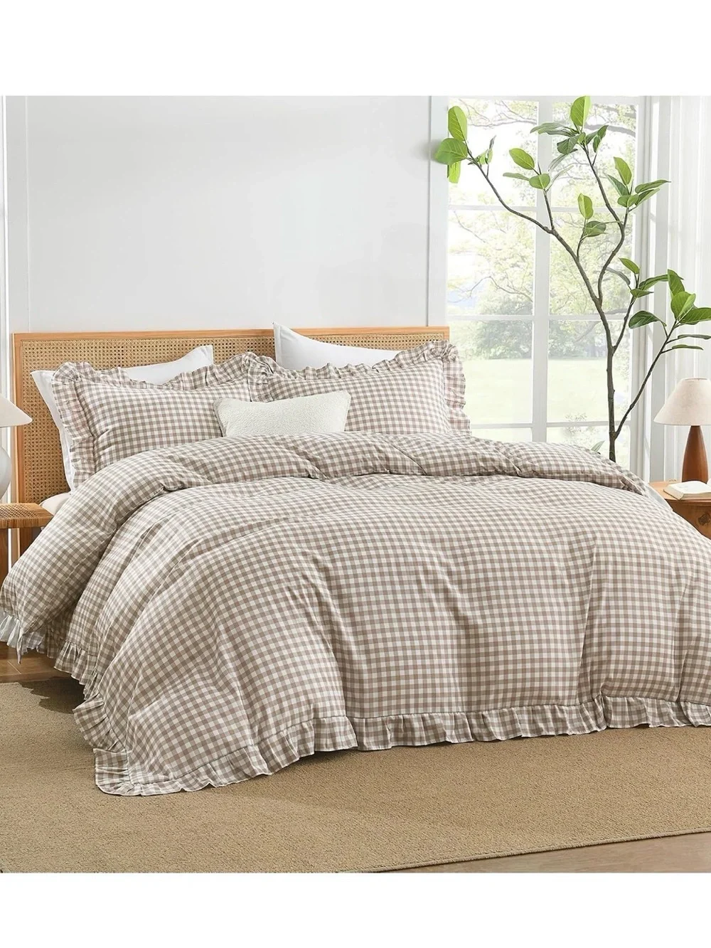 Beige Gingham Ruffle Comforter Set - Classic Home Bedding
